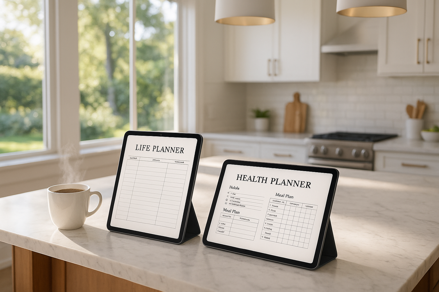 Digital planners with heading Life Planners, Health planners etc, on a kitchen island with a hot cup of coffee and a beautifl home ktichen with an open happy lighting bring and a great back yard view in the backround, Hyper real images not looking tacky or cheesy. Just beautiful photography and great senairy.