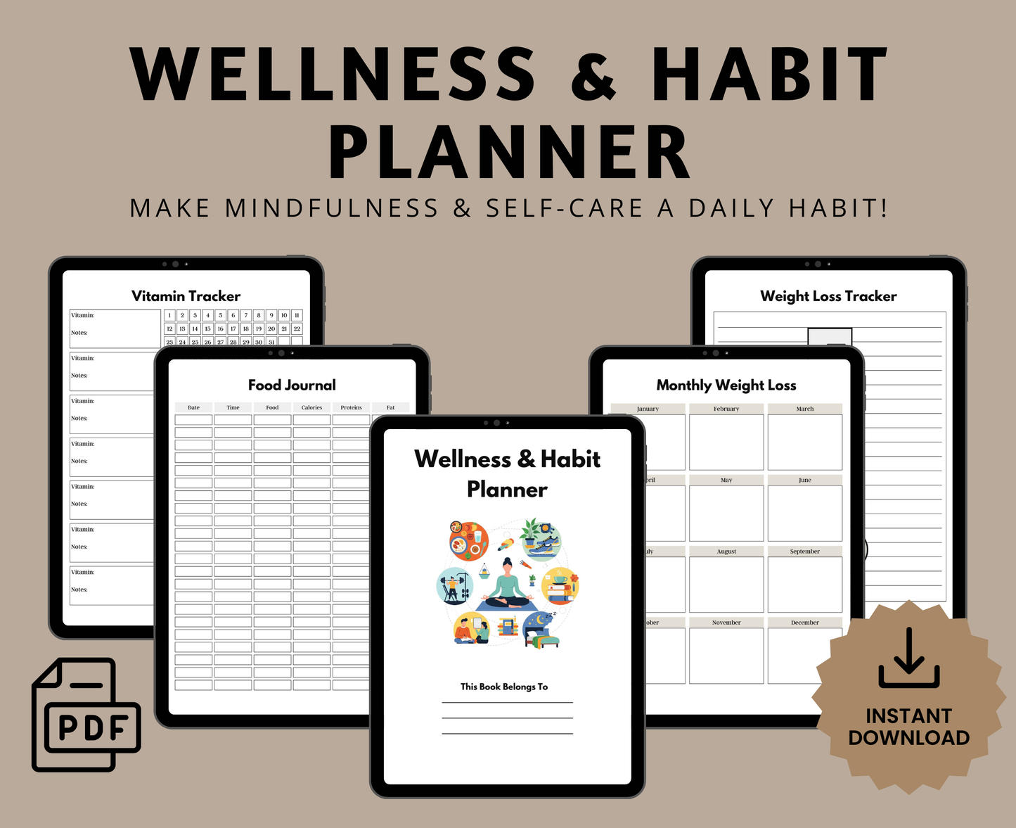 Digital Wellness & Habit Planner | All-in-One Journal for Self-Care, Fitness & Mood Tracking | Printable PDF