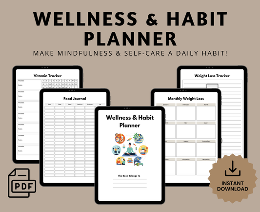 Digital Wellness & Habit Planner | All-in-One Journal for Self-Care, Fitness & Mood Tracking | Printable PDF