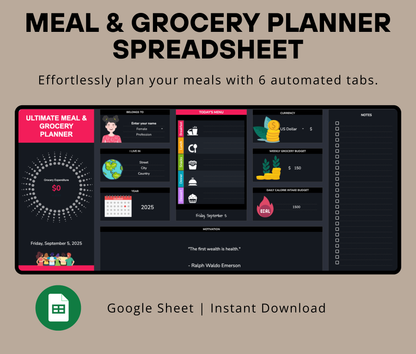 Automated Meal Planning Spreadsheet | Grocery List Generator & Nutrition Tracker