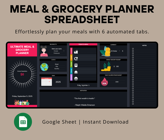 Automated Meal Planning Spreadsheet | Grocery List Generator & Nutrition Tracker