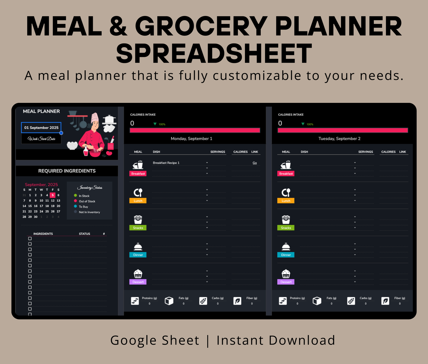 Automated Meal Planning Spreadsheet | Grocery List Generator & Nutrition Tracker