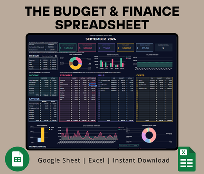 Budget & Finance Spreadsheet | Expense Tracker | Money Management Template for Google Sheets & Excel (Instant Download)