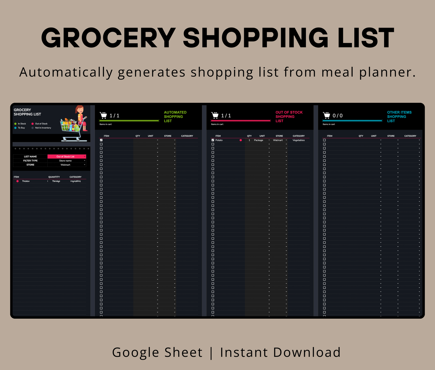 Automated Meal Planning Spreadsheet | Grocery List Generator & Nutrition Tracker