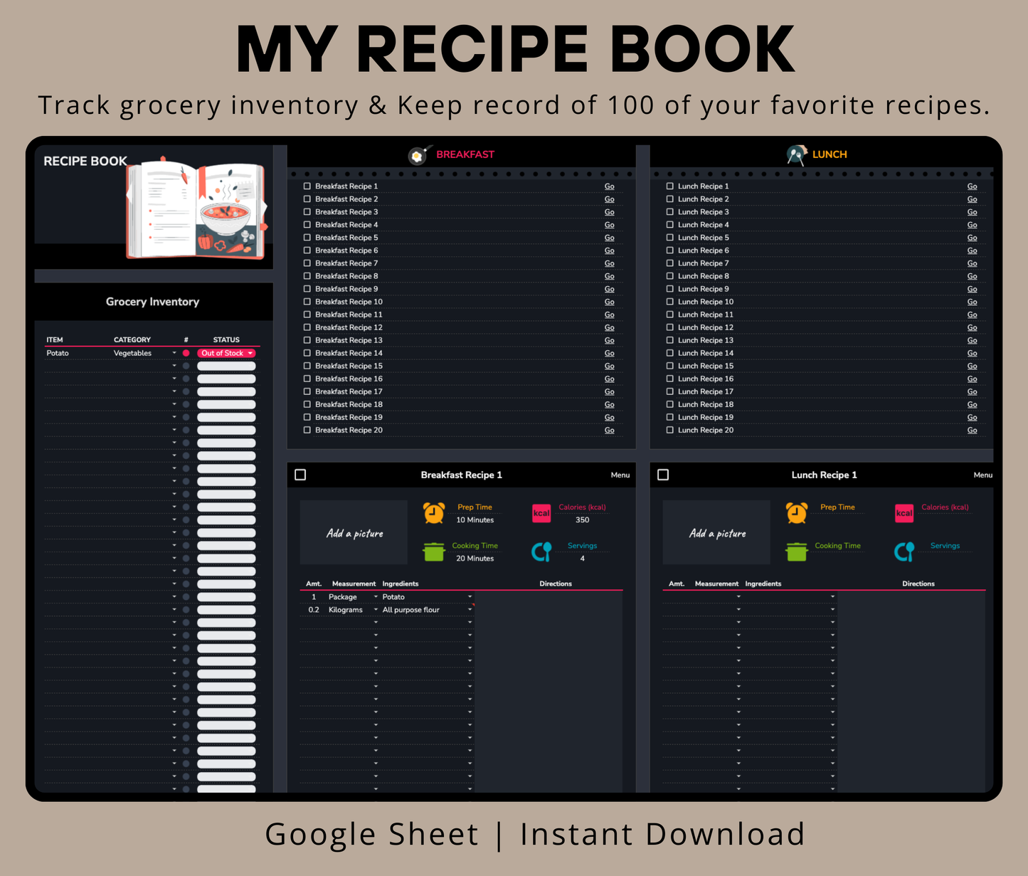 Automated Meal Planning Spreadsheet | Grocery List Generator & Nutrition Tracker